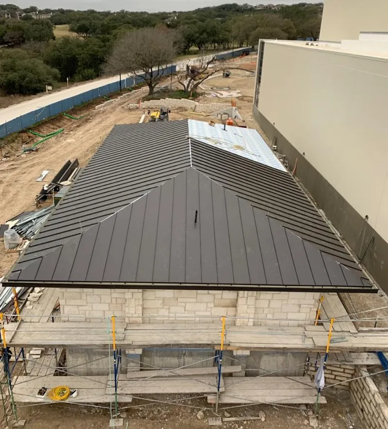Metal roof new construction with scaffolding in Fishers